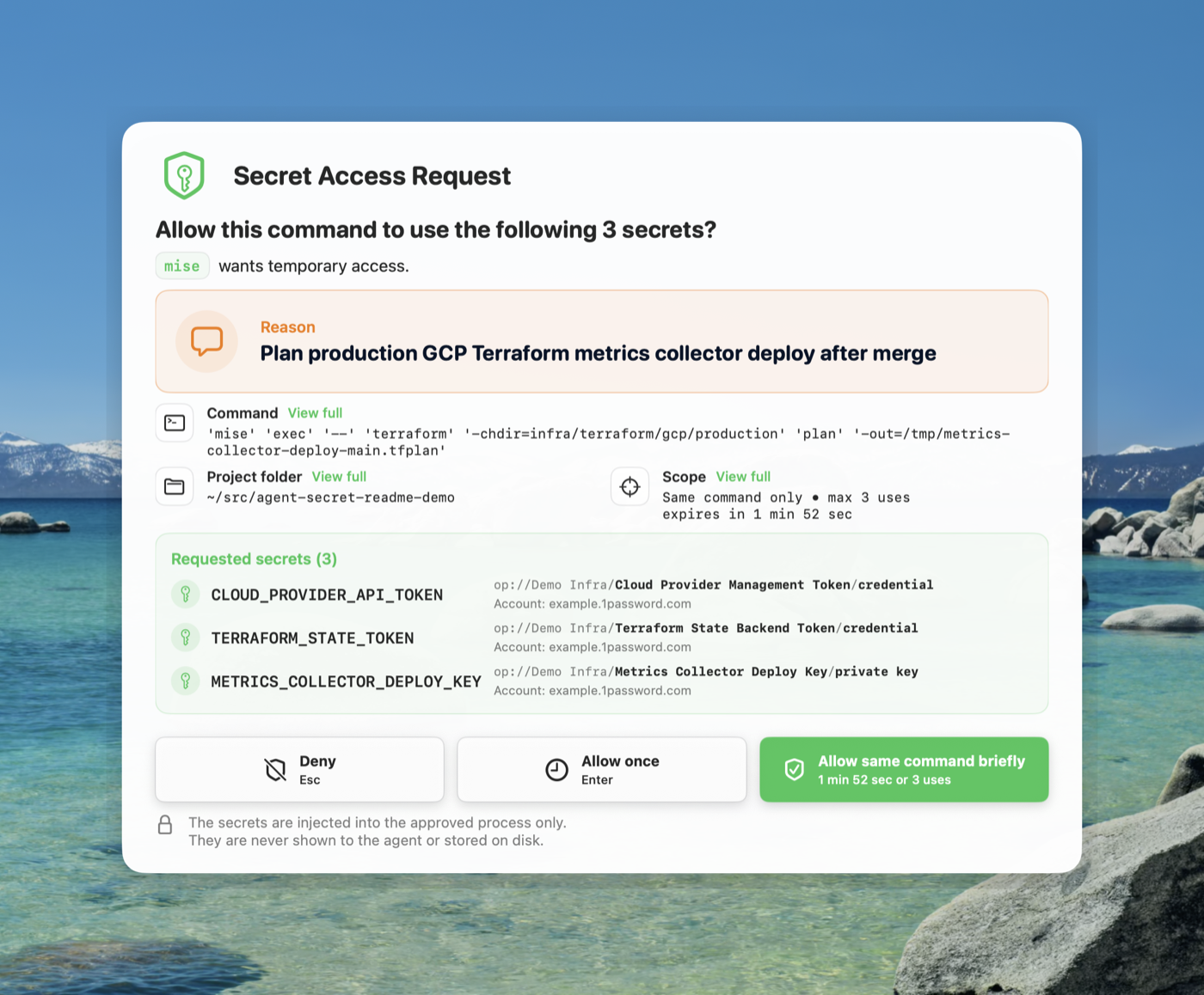 Agent Secret approval prompt showing the command, reason, working directory, and requested secrets